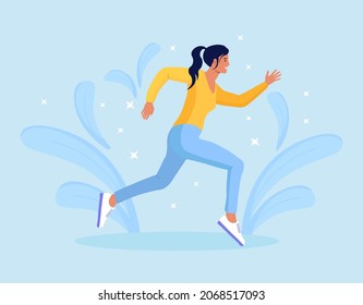 Woman character is jogging. Girl running, doing fitness exercises. Active healthy lifestyle. Vector illustration