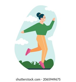 Woman character is jogging, Woman jumping. She's running, doing fitness exercises. Active healthy lifestyle vector illustration, modern flat style design isolated on a white background