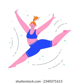 Woman character in a jumping dancing pose. Flat colorful people vector illustration.