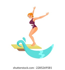 Woman Character Jumping in Water from Platform with Turquoise Spash Doing Water Sport Activity Vector Illustration