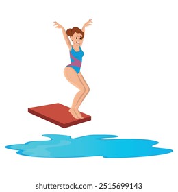 Personaje de mujer saltando en el agua desde la plataforma con turquesa Spash haciendo Ilustración vectorial de actividad deportiva acuática.