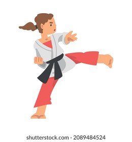 Woman Character in Kimono Engaged in Combat Karate or Judo Sport or Fighting Sport Competing Vector Illustration