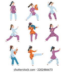 Woman Character in Kimono with Fan Practicing Tai Chi and Qigong Exercise as Internal Chinese Martial Art Vector Illustration Set