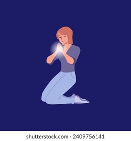 Woman character kneels and presses her hands to chest in prayer, flat vector illustration isolated on dark background. Rite of Christian prayer and worship.