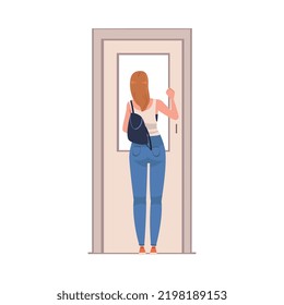 Woman Character Knocking at Close Door Waiting for Entering Vector Illustration
