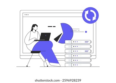 Woman Character with laptop, monitor with cloud computing and data analysis on screen. Flat Cartoon Vector Illustration, icon. Stylish abstract design for website