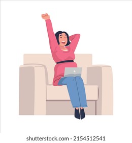 Woman Character with Laptop Sitting in Armchair and Stretching Suffering from Internet Addiction Vector Illustration