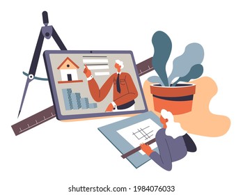 Frauen lernen Architekturunterricht online mit Laptop zu Hause. Student oder Arbeitnehmer, die Projekte für Kunden. Fernunterricht, Video mit Tutor zeigen Entwürfe. Vektorgrafik im Flachstil