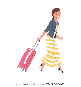 Woman Character in Long Dress with Suitcase Going on Summer Vacation Having Journey Vector Illustration