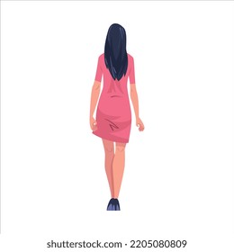 Woman Character with Long Hair in Dress Standing Back View Vector Illustration