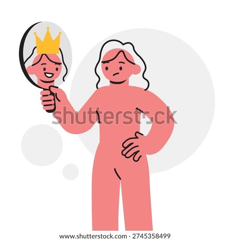 Woman Character Looking in Mirror Seeing Self with Crown Representing Self-worth and Confidence Concept. Character Vector illustration design.