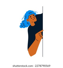 Woman Character Looking Out and Peeking from Corner or Wall Vector Illustration