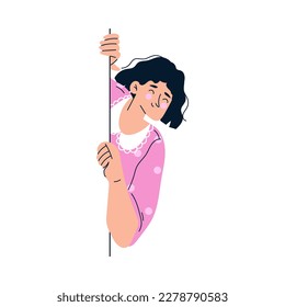Woman Character Looking Out and Peeking from Corner or Wall Vector Illustration