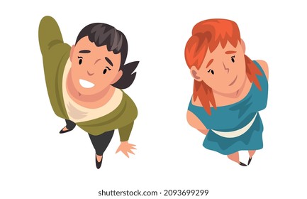 Woman Character Looking Up View from Above Vector Set