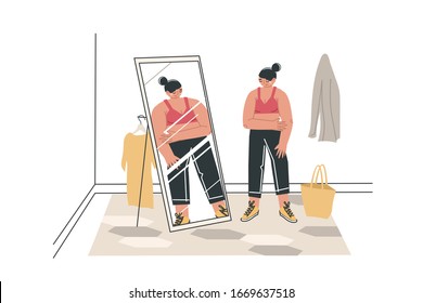 Woman character, looks in the mirror and does not like her reflection, her body. Dismorphophobia, self-hating, dissatisfied looks. Flat vector illustration.