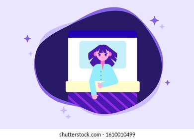 Woman character lying in bed suffers from insomnia. Stress and health problem, sleep disorder, anxiety. Flat style vector illustration