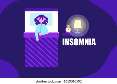 Woman character lying in bed suffers from insomnia in dark room. Stress and health problem, sleep disorder, anxiety. Flat style vector illustration