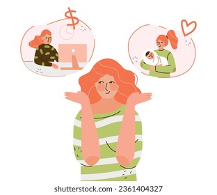 Woman Character Make Choice Choosing Between Two Options Vector Illustration