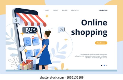 Woman character making online shopping via phone.Concept of flat vector illustration for landing page,banner,poster,website,UI.Big sale in Online store.Stay home.Business template for M-Commerce