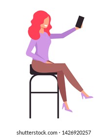Woman character making selfie. Vector flat cartoon graphic design isolated illustration