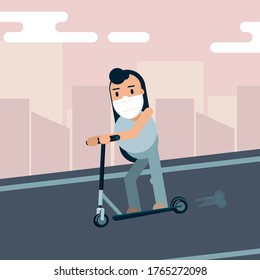 woman character mask riding scooter in city. for transportation and entertainment purposes during covid 19 pandemic, sport lifestyle. cartoon vector illustration
