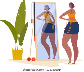 Woman character measure waist, female look mirror and loses weight isolated on white, cartoon vector illustration. Concept sport exercise, fitting training room, home gaining body mass.