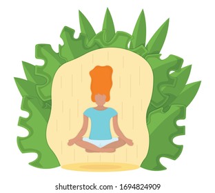 Woman character meditate and levitation, concept leaf background isolated on white, flat vector illustration. Female practice yoga, asian traditional experience, mental and physical health care.