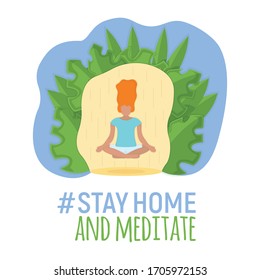Woman character meditate and relax sitting, concept stay home isolated on white, flat vector illustration. Female practice yoga, asian traditional experience, mental and physical health care.