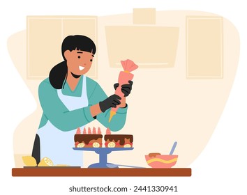 Frauencharakter dekoriert akribisch einen Kuchen in der Küche, pfeift gekonnt Frosting und arrangiert zarte essbare Verzierungen mit konzentrierter Präzision und Kreativität. Cartoon Menschen Vektor-Illustration