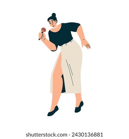 Woman Character with Microphone in Hands Singing Karaoke Vector Illustration