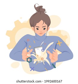 woman character mobile developer working on smartphone concept of application development, coding, programming, Testing, flat vector illustration