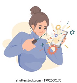Handy-Entwicklerin für Zeichen, die an der Entwicklung, Programmierung, Programmierung, Prüfung, flacher Vektorgrafik arbeitet
