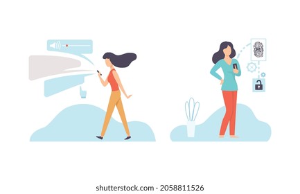 Woman Character with Modern Gadget Using Wireless Digital Technology Vector Set