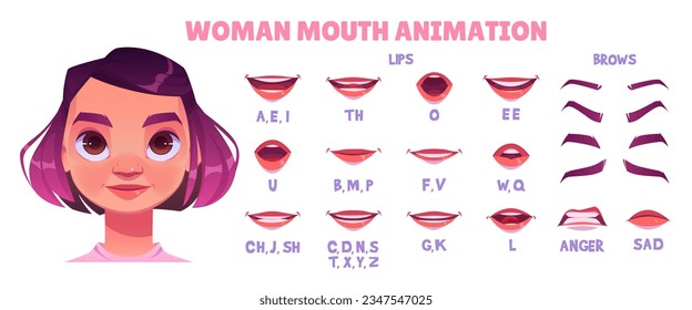 Woman character mouth sync pronunciation vector animation set. Female face with tongue and teeth movement for animated speech with emotion expression. Animate hippie lady articulation template