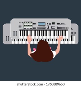 Woman character and musician with Keyboards top view vector illustration in flat style. Woman perform with 2 Keyboards. Keyboardist play digital piano during the perform seen from above. Poster of liv