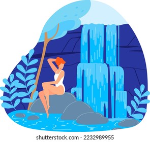Woman character at nature waterfall, vector illustration. Girl at summer natural mountain landscape, outdoors design with water.