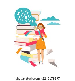 Woman Character Near Huge Stack of Books Working with Text Vector Illustration