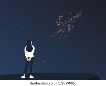 Woman character observing a colorful spiral galaxy on a dark sky. Cosmic landscape, astronomy science. vector illustration