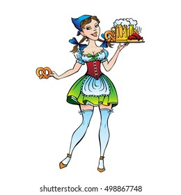 Woman character octoberfest with tray and pretzel, RGB EPS 10 vector illustration