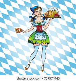 Woman character octoberfest with tray and pretzel on bavarian background, RGB EPS 10 vector illustration