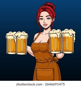 personagem mulher para oktoberfest segurando grandes copos de cerveja