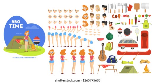 Woman character on barbeque set for the animation with various views, hairstyle, emotion, pose and gesture. Mother on camping. Isolated vector illustration in cartoon style