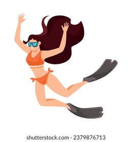 Woman Character on Beach in Goggles and Flippers Diving Underwater Vector Illustration