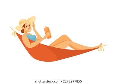 Woman Character on Beach in Hammock Sunbathing Wearing Swimsuit and Applying Sunscreen Vector Illustration
