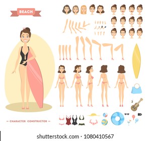 Woman character on beach. Poses and emotions with stuff.