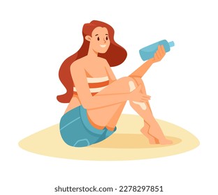 Woman Character on Beach Sunbathing Wearing Swimsuit and Applying Sunscreen Vector Illustration