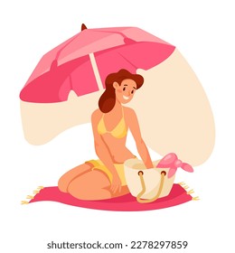 Woman Character on Beach Under Umbrella Shade Sunbathing Wearing Swimsuit Vector Illustration