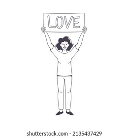 Woman Character Partaking in Demonstration for Love with Placard and Word on It Vector Illustration