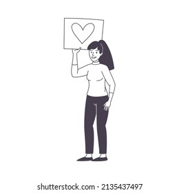 Woman Character Partaking in Demonstration for Love and Peace with Placard Vector Illustration