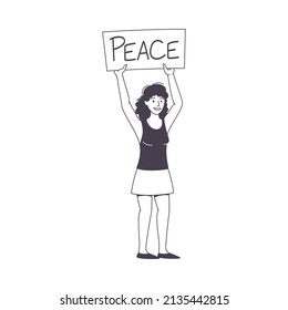 Woman Character Partaking in Demonstration for Peace with Placard Vector Illustration